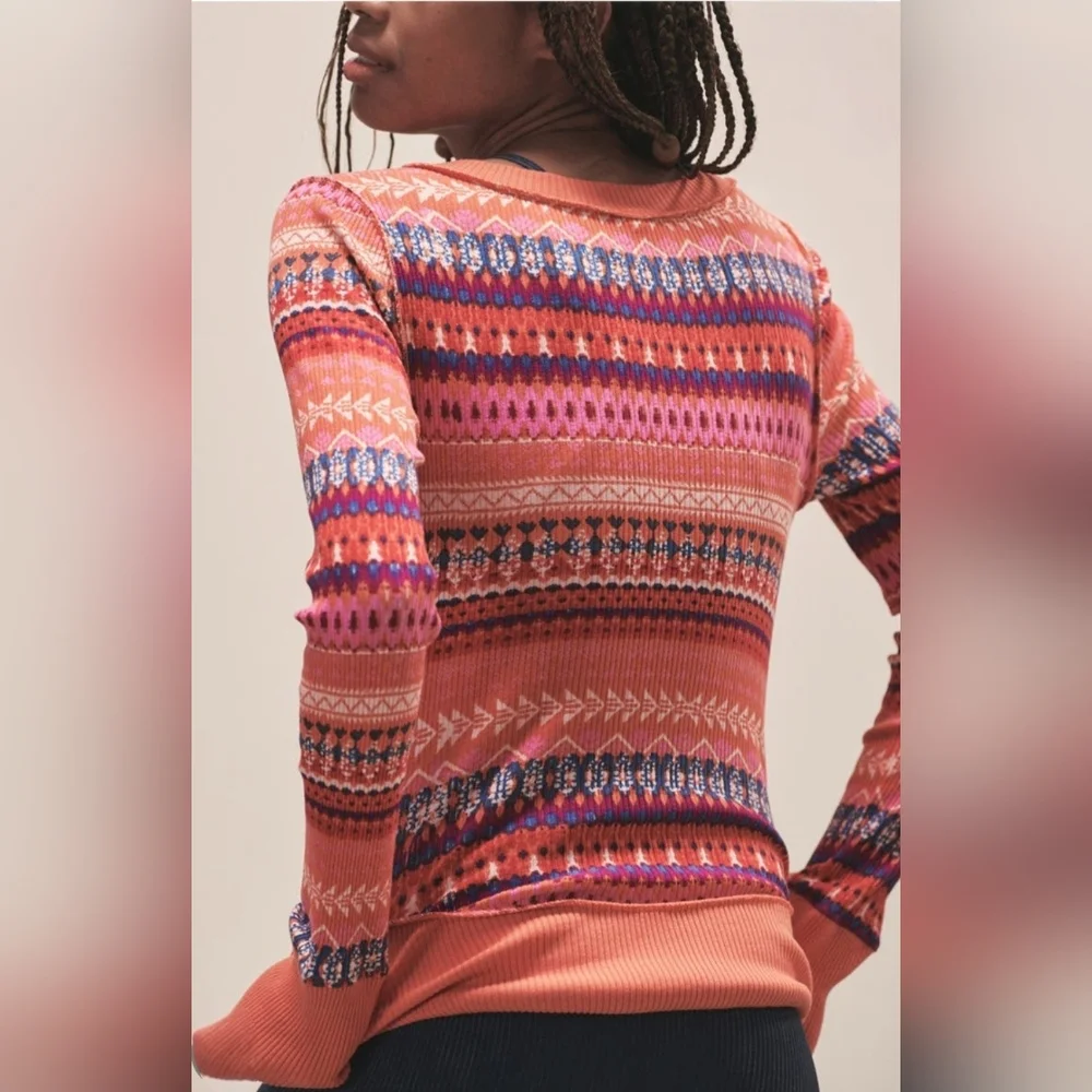 Free People FP Movement Rally Fired Up Combo Orange Multi Colored Henley Top